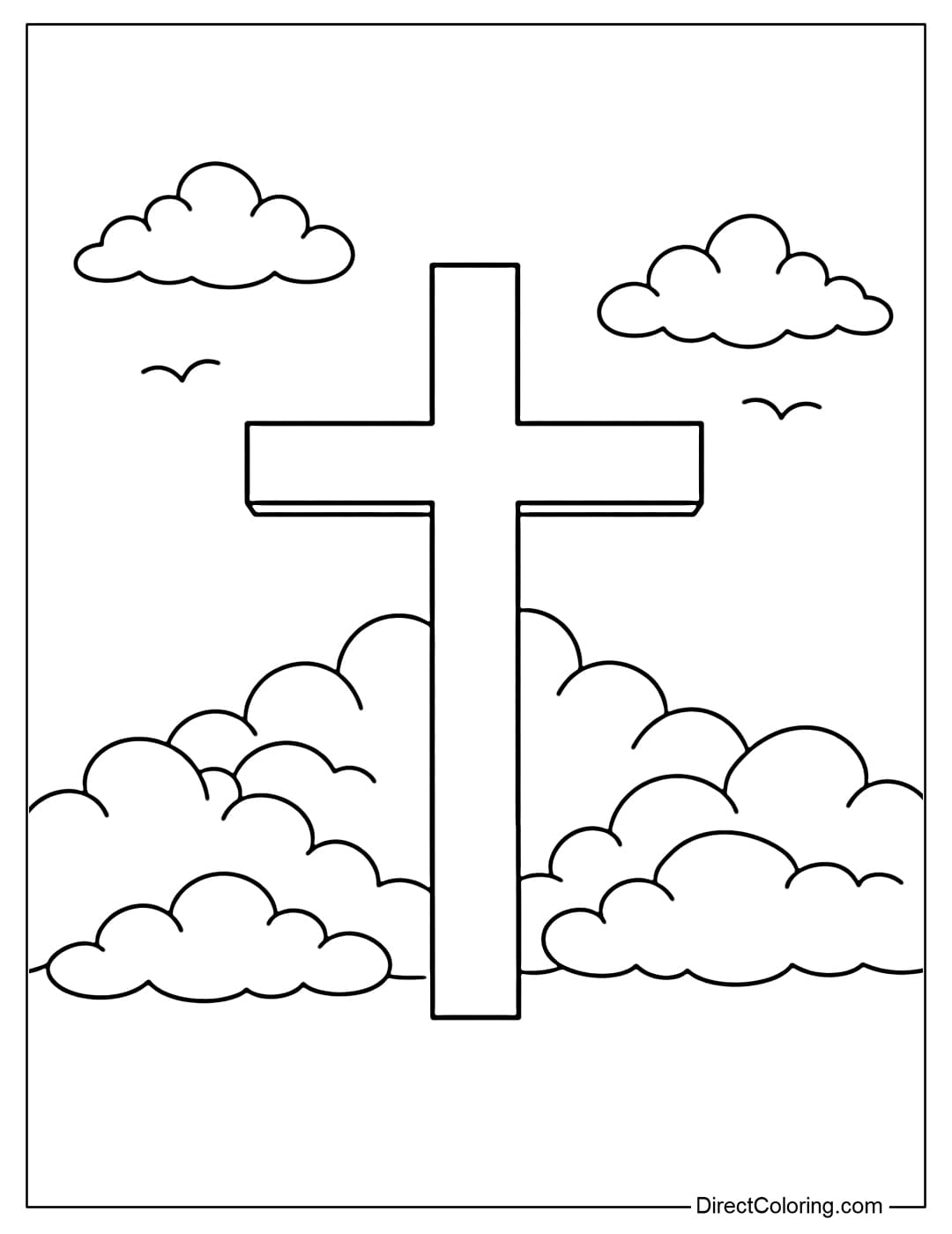 A simple coloring page of a cross standing in front of soft, round clouds in the sky.
