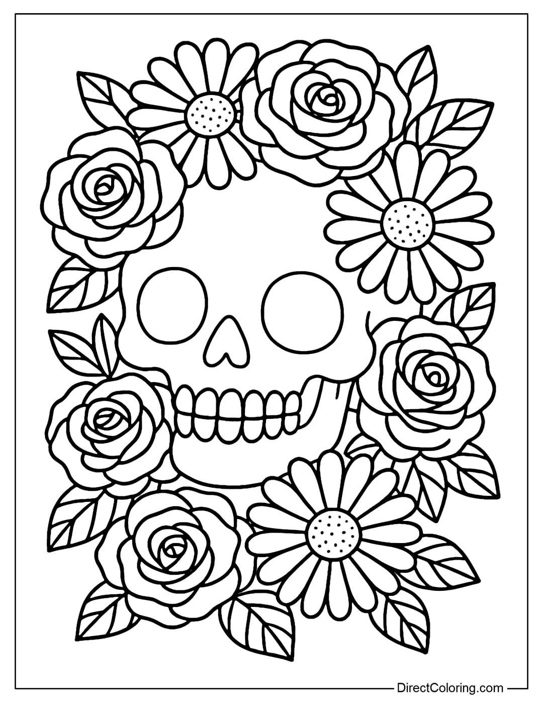 Skull coloring page covered with daisies and roses, cheerful and romantic.