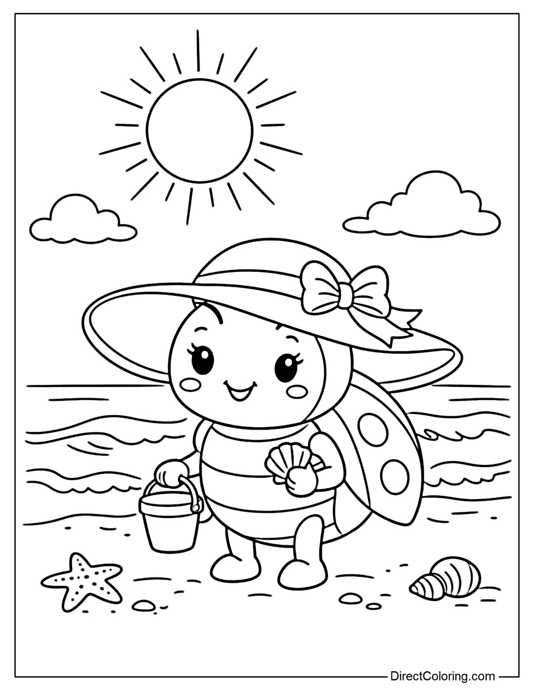 A coloring page of a ladybug wearing a wide-brimmed hat standing on the beach, with the sun and waves.