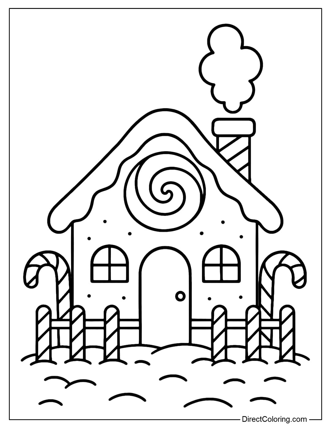 A small gingerbread house coloring page with a candy cane fence and a icing spiral roof.