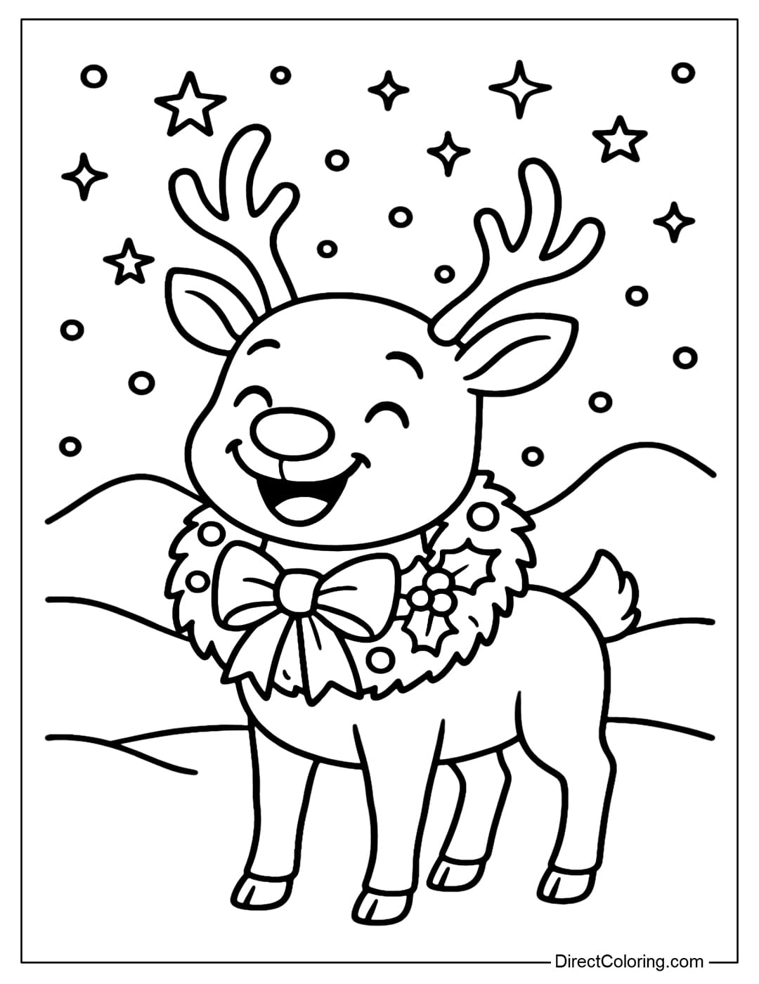 Reindeer Holding Christmas Wreath Coloring Page A smiling reindeer coloring page with a Christmas wreath and a big bow around its neck.