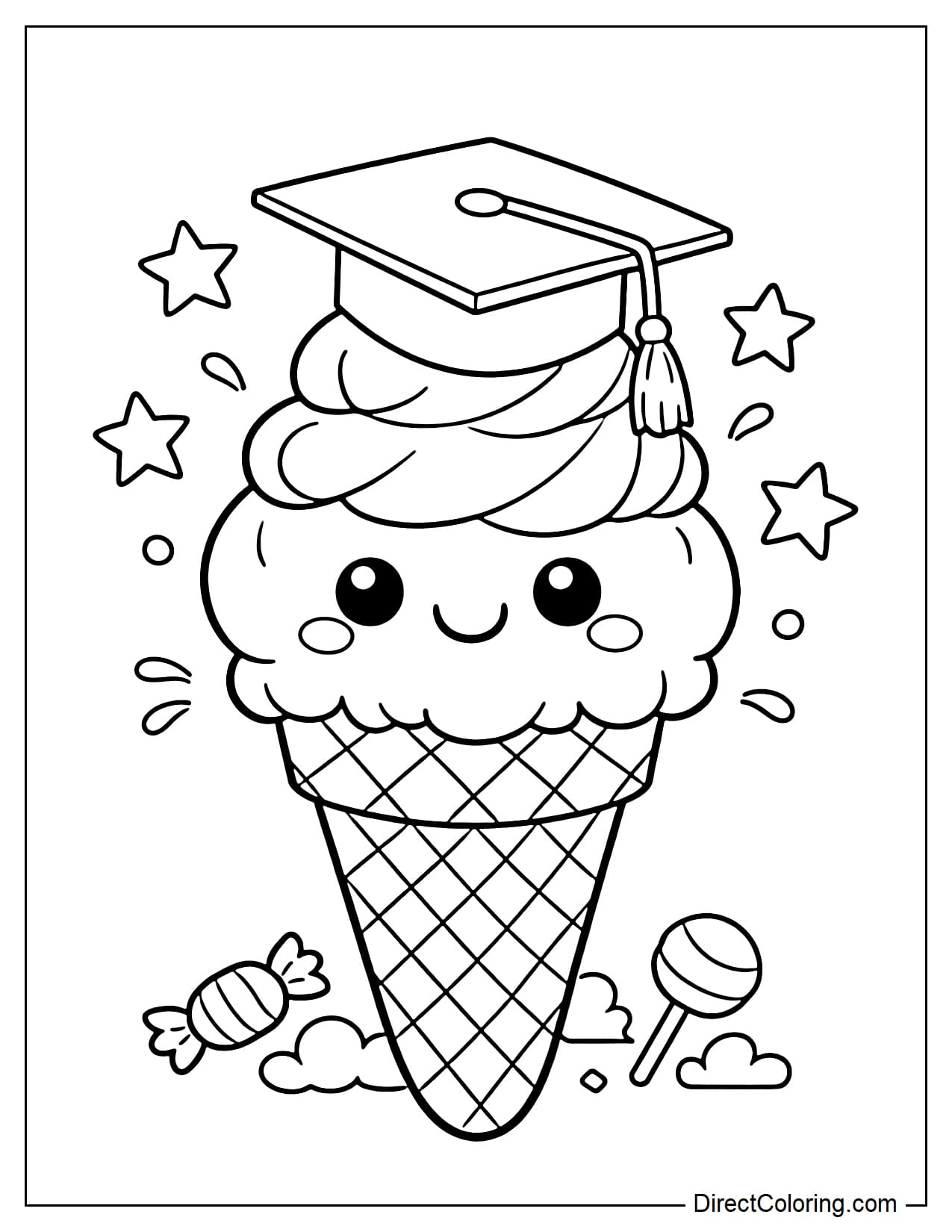 A large ice cream cone with a cute smiley face, topped with a graduation cap and a few stars.