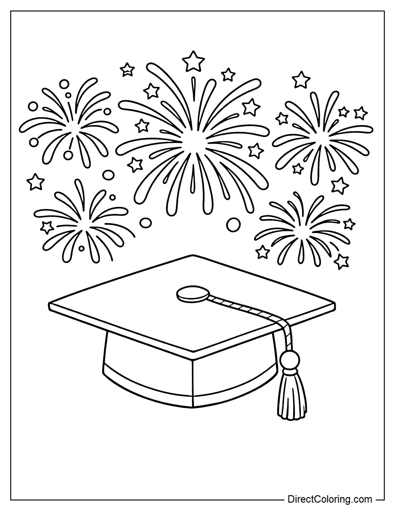 A graduation cap in the center, topped with simple fireworks.