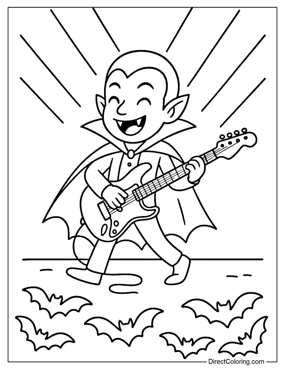 Vampire Rock Star Coloring Page A coloring page of a vampire playing an electric guitar on stage, neon lights, and the audience are bats.