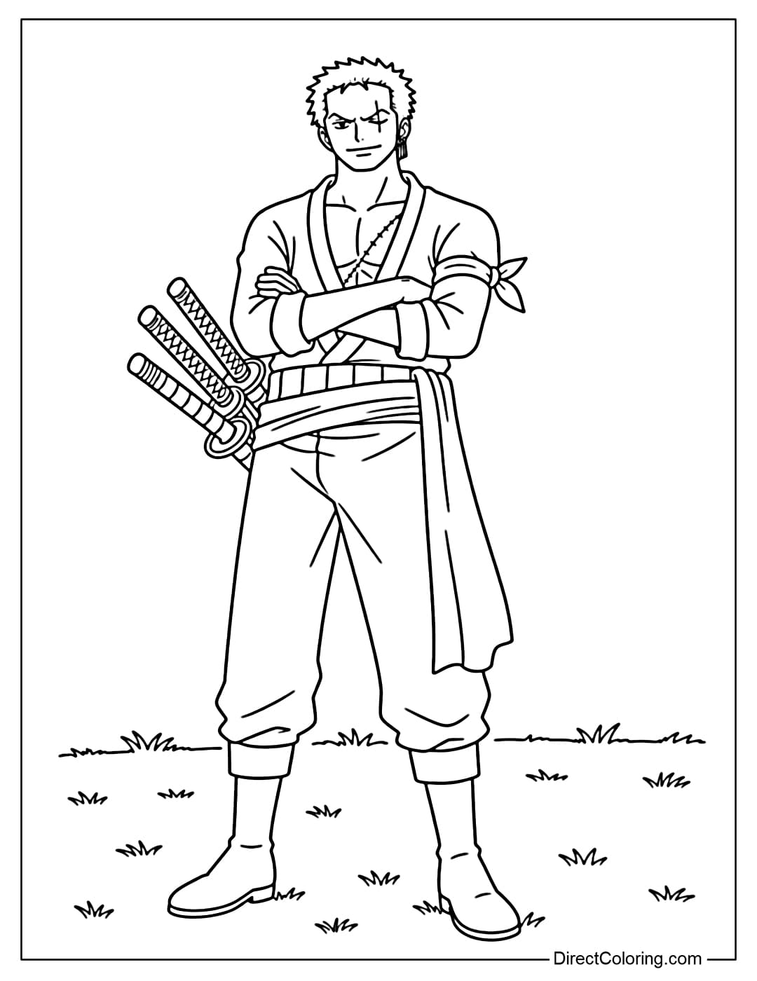 Roronoa Zoro is standing on a simple grassy ground.