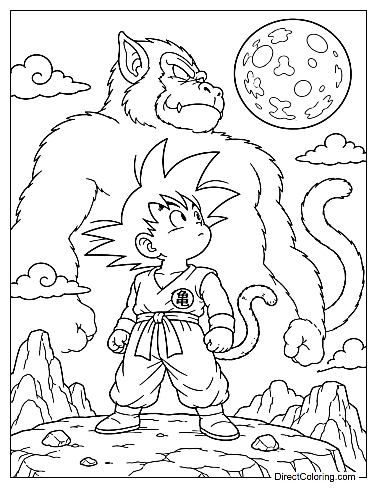 Little Goku is standing at an angle, looking up at the large full moon in front of him, with the giant Great Ape silhouette behind him.