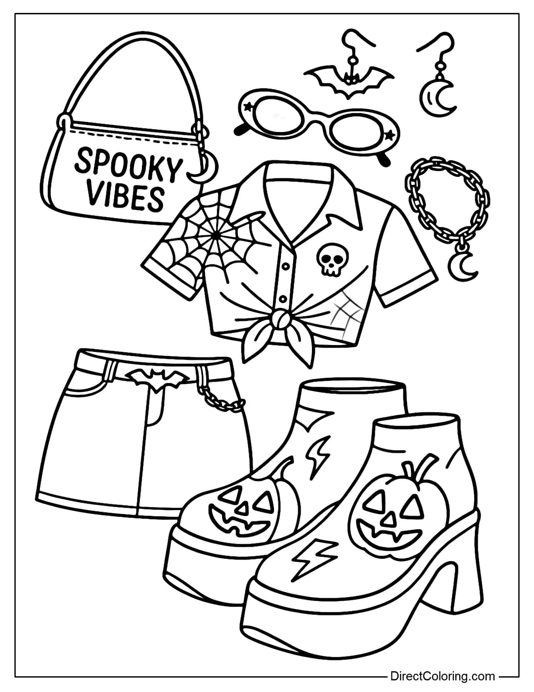 Coloring page for a modern Y2K outfit set with a strong Halloween spirit, including a crop top with a tie, a short jean skirt with a metal bat belt, and curved-soled platform shoes.