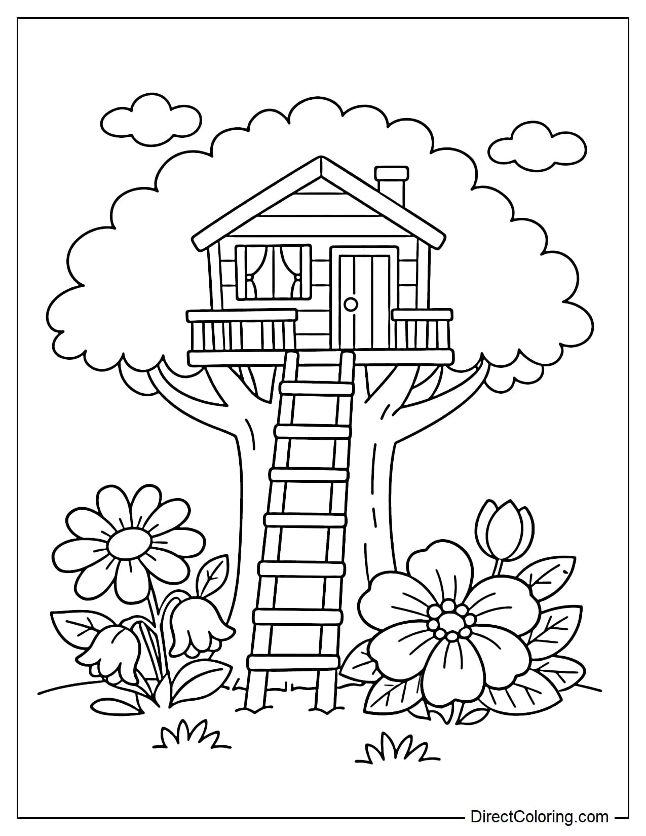 A treehouse with several large flowers at the base of the tree, a simple trunk, and a small house on top.