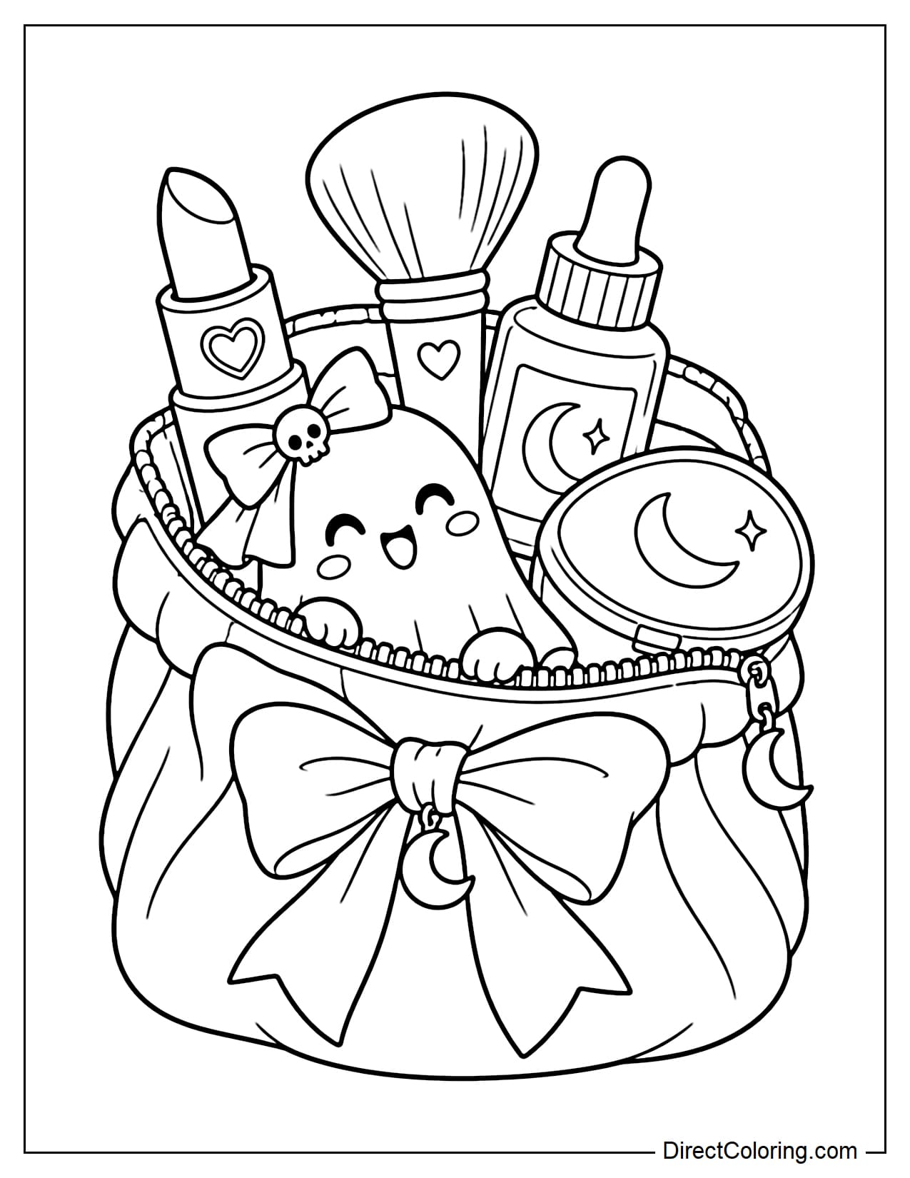 A large makeup bag sits partly unzipped, with a cute little ghost peeking out with its head and hands. A lipstick, makeup brush, serum bottle, and round compact stick out from the bag, which is decorated with a large bow.