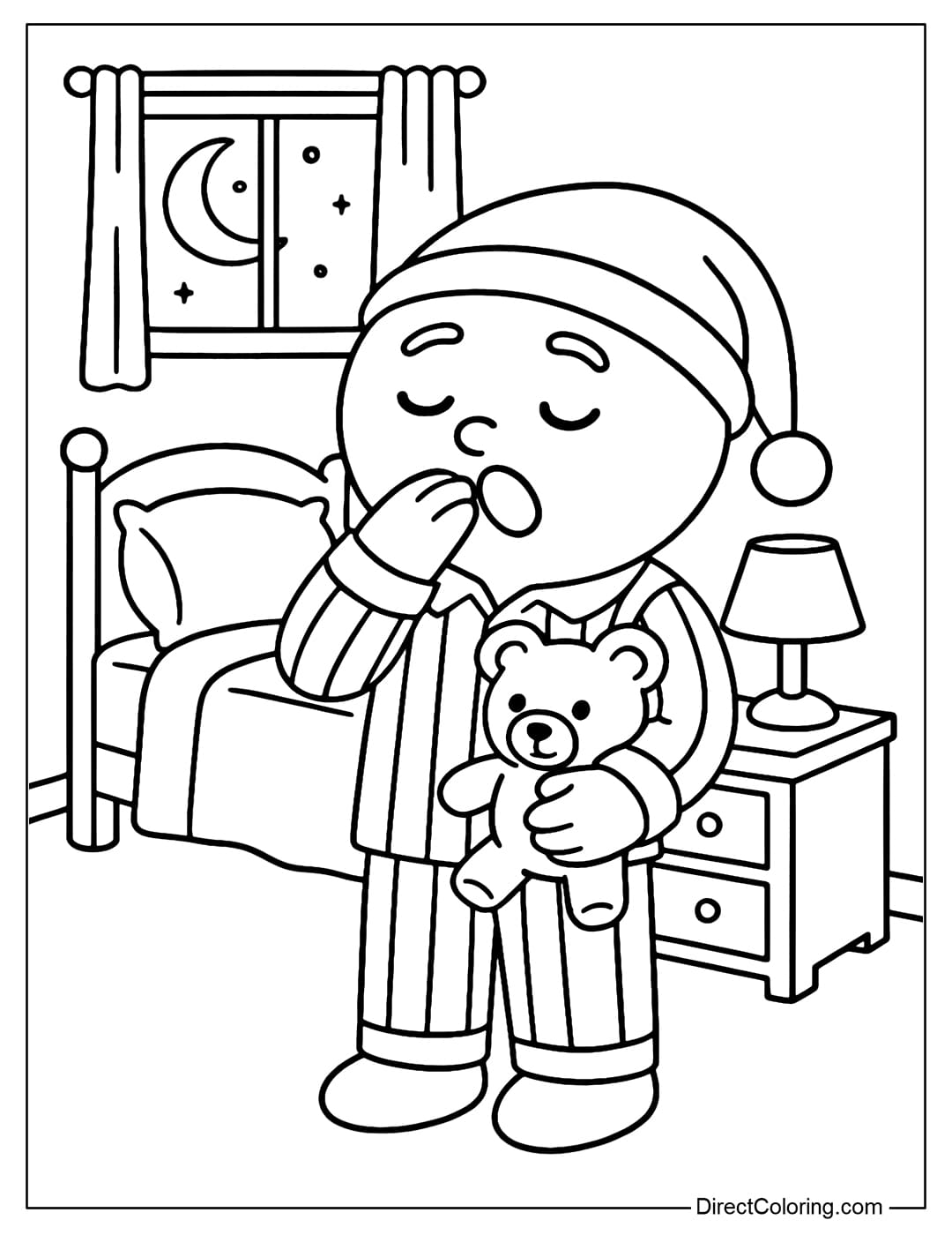 A gingerbread man wearing striped pajamas, yawning slightly, hugging a teddy bear, getting ready to go to bed.