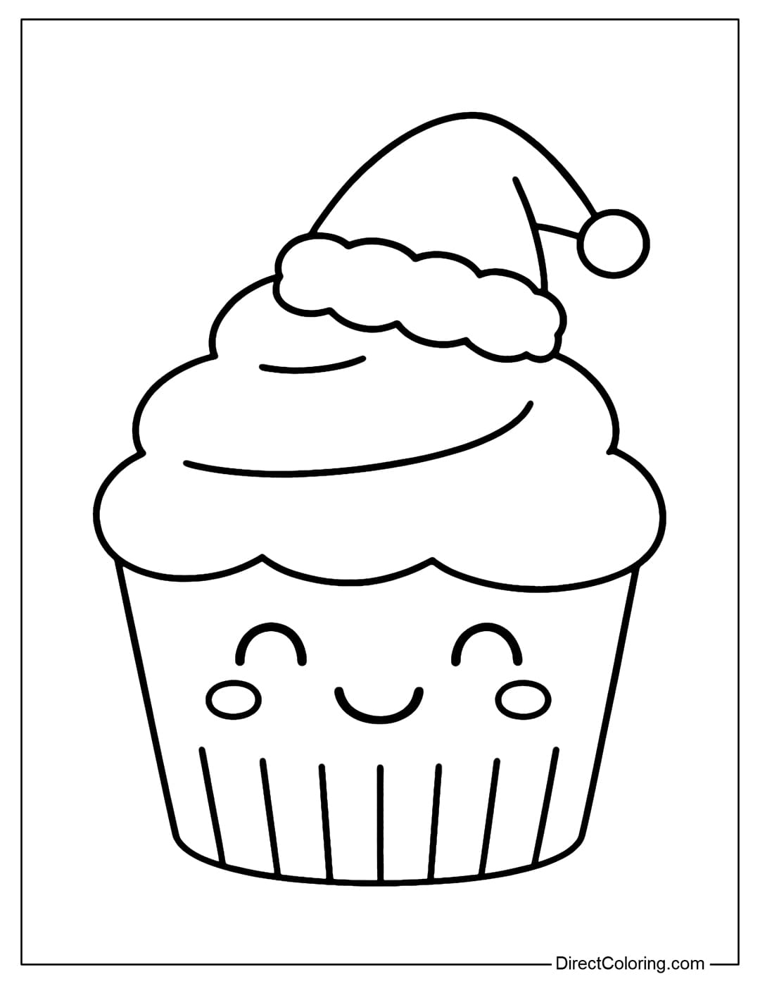 A cute cupcake coloring page covered with snow-white cream and a mini Santa hat on top.