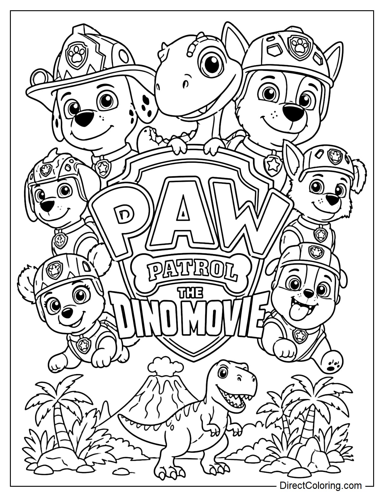 The Paw Patrol pups gather around the Dino Movie logo, with a friendly dinosaur, volcano, and simple jungle scenery below.
