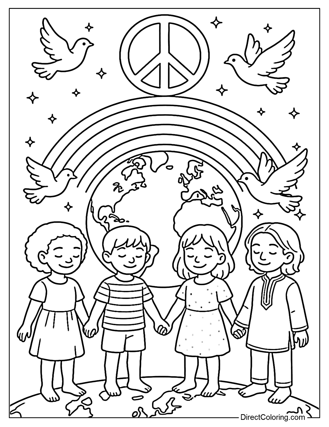 Coloring page of children from many continents coloring the globe together, surrounded by a rainbow connecting the continents and a peace symbol sparkling in the sky.