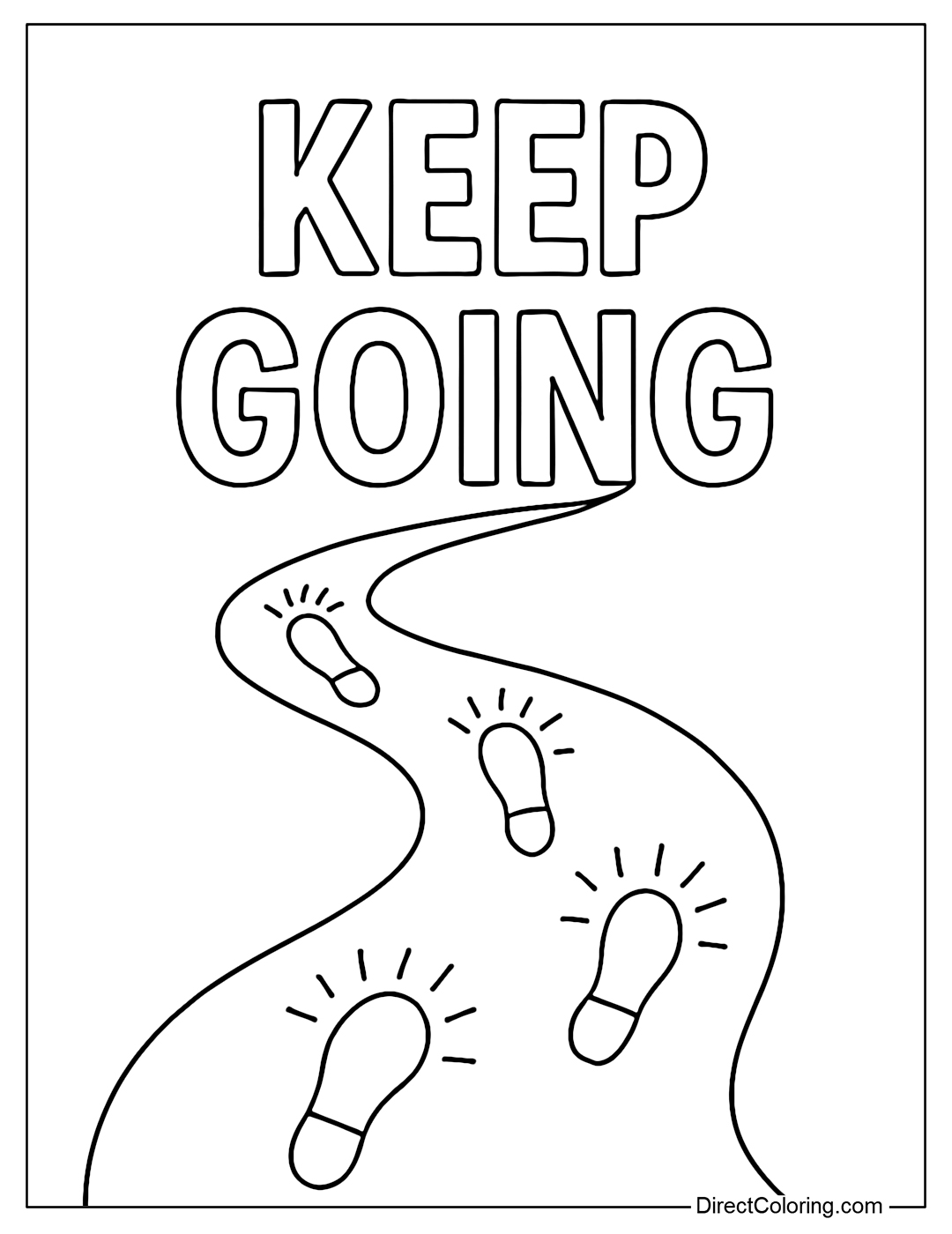The Keep Going coloring page is located on a winding path, glowing with each step.