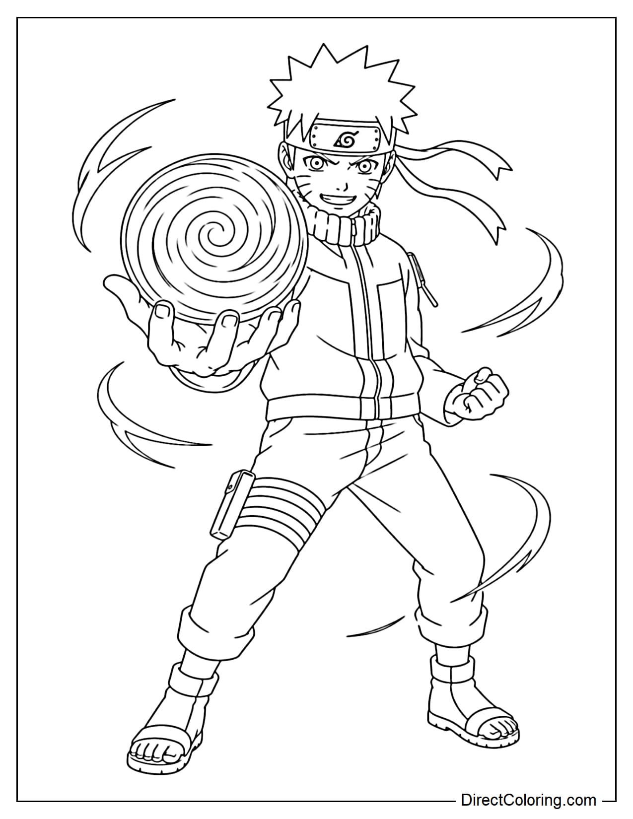 Naruto is posing with a large Rasengan in his hand, the energy ball swirling, surrounded by several gusts of wind.