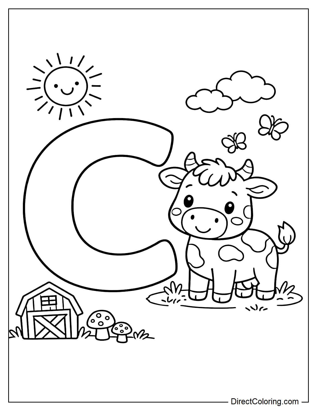 A large letter C with a cow standing next to it.