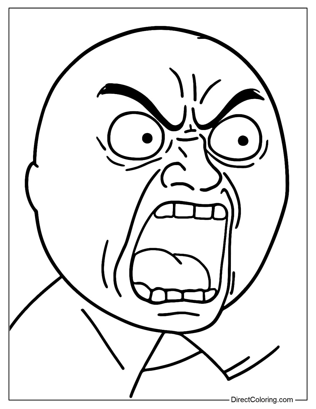 Coloring page of exaggerated angry face, frowning eyebrows, loud mouth shouting.