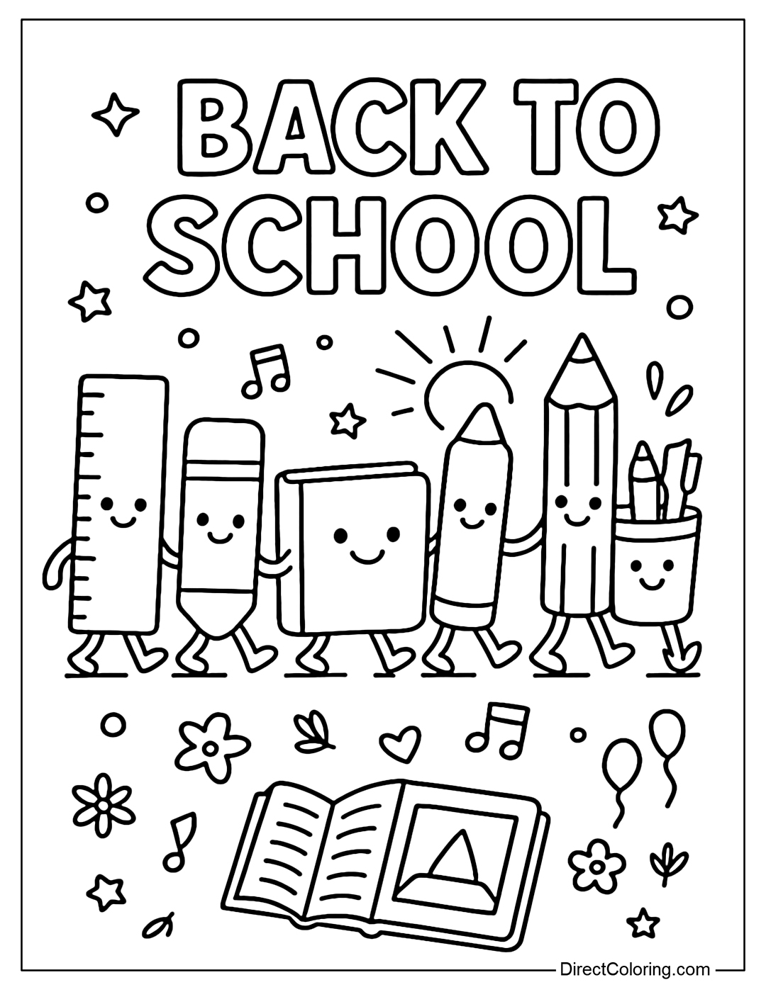 Coloring page with school supplies such as pens, rulers, books... with happy faces walking in a line like a parade.