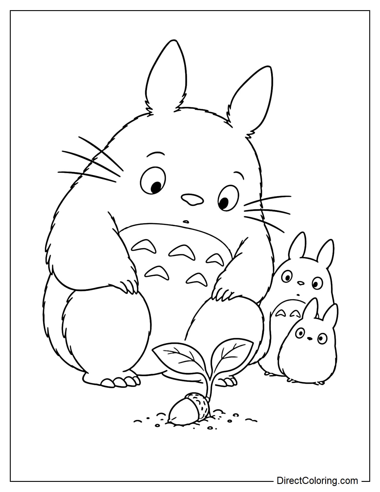 Totoro squats with his hands on his knees and watches a tiny sprout emerging from an acorn, while two small Totoros look on from behind.