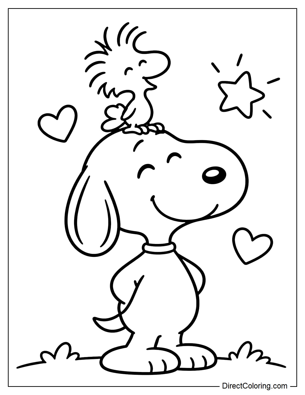 Snoopy stands smiling with both paws resting on his hips. Little Woodstock sits on top of Snoopy's head, surrounded by hearts and a small star.