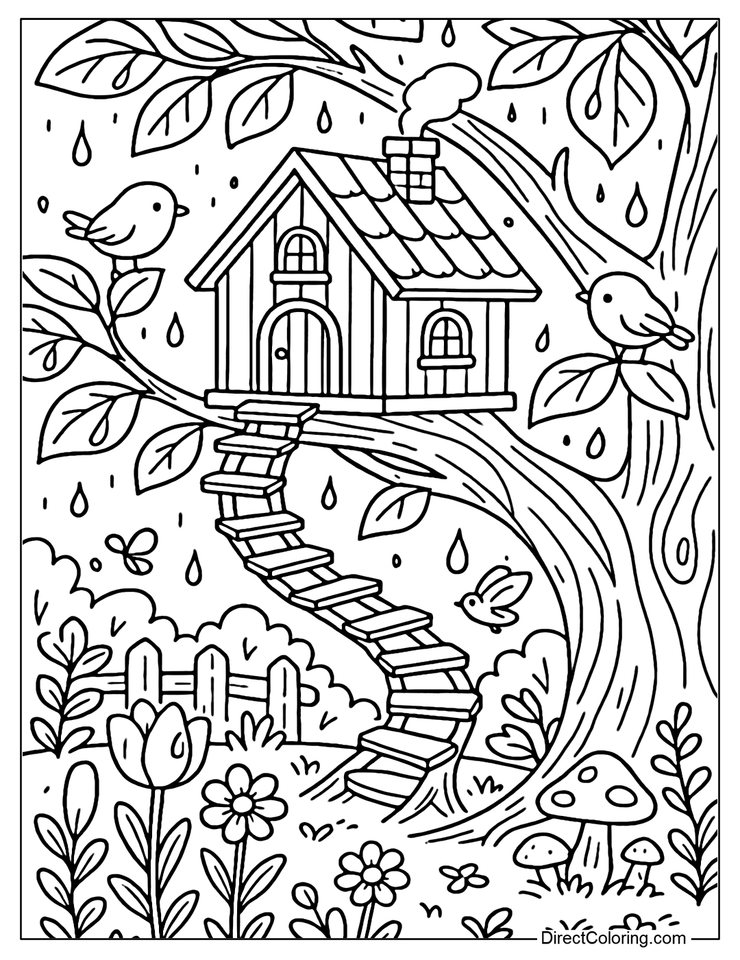 A small house coloring page on a large tree branch, a spiral wooden staircase leading up; surrounded by leaves swaying gently in the rain, a few small birds sheltering under the leaves.