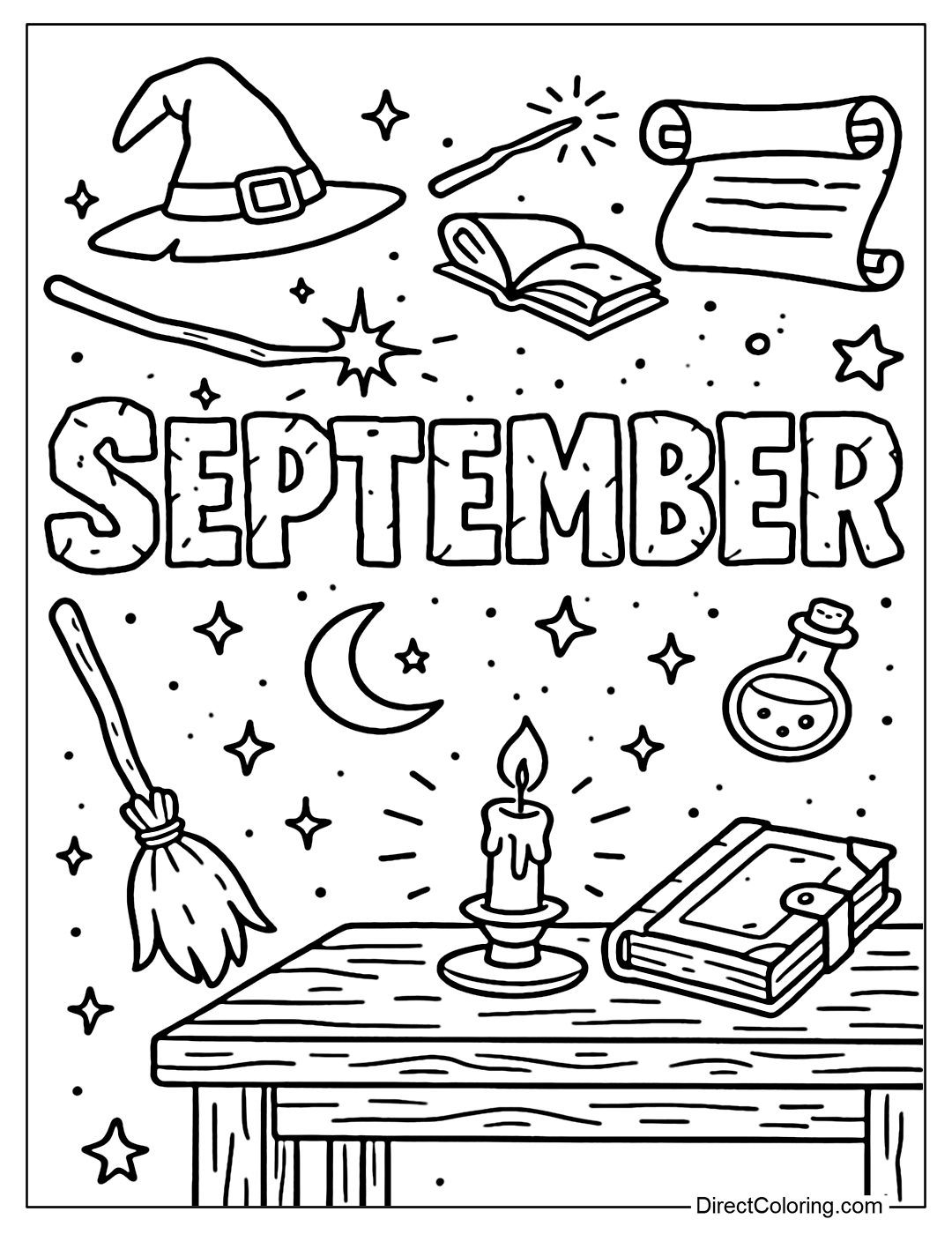 Coloring page of the letter September with the theme of a magical school, the letter September is shaped like magic stones, each letter has its own details such as sparks, stars, or flying books.