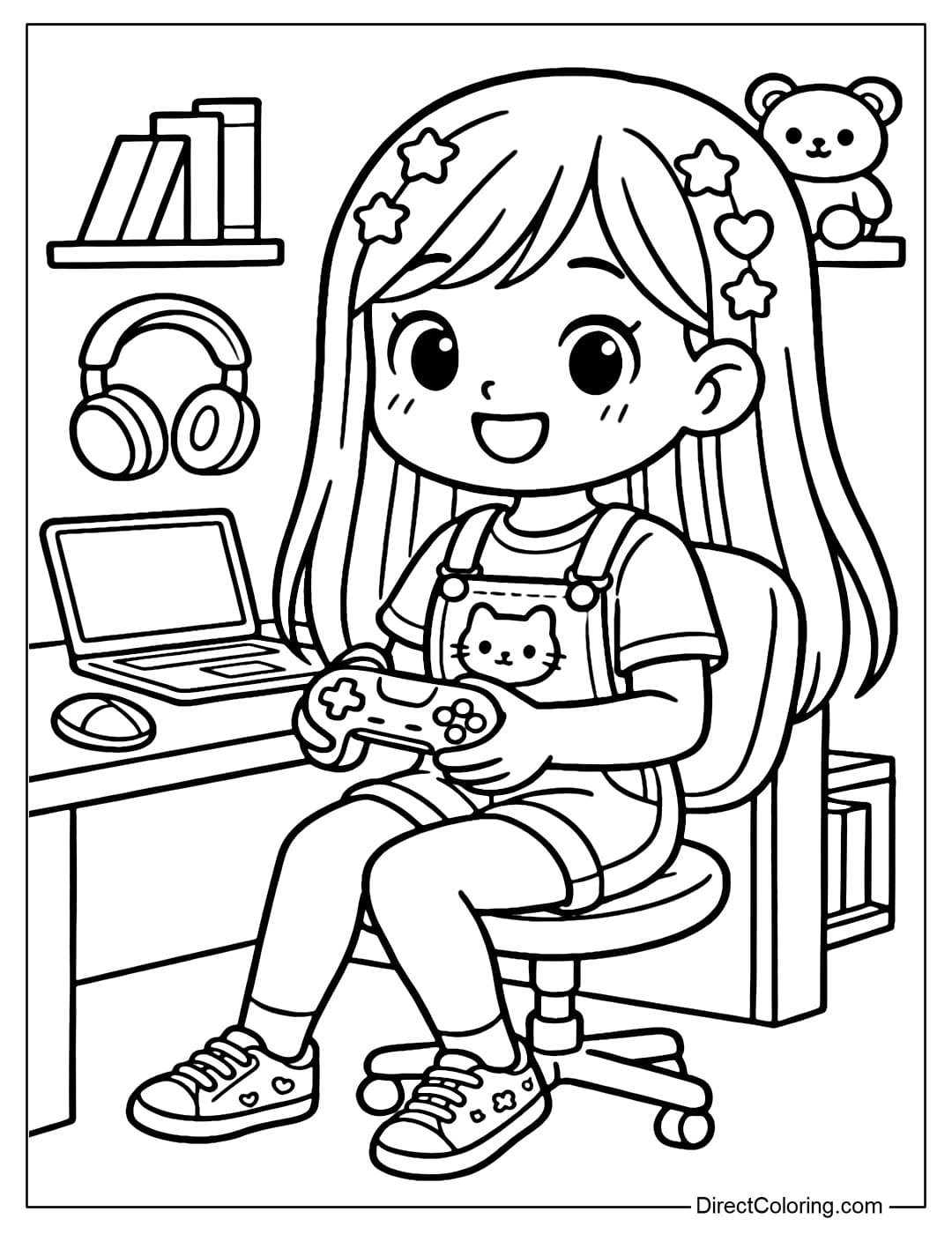 A coloring page of a girl with long hair with many star-shaped and heart-shaped clips, sitting on a swivel chair in front of her desk, holding a game console in her hand.