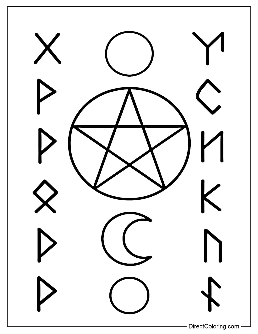 Witchcraft symbols coloring page: pentacle, circle, moon, ancient runes.