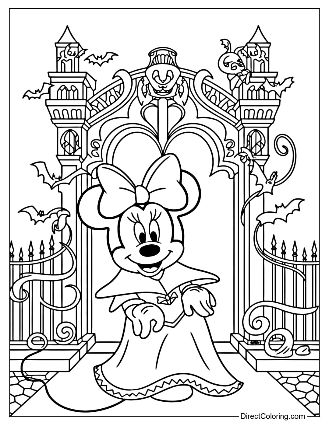 Minnie coloring page in a gorgeous vampire dress, bat-shaped bow, standing in front of the haunted castle gate.