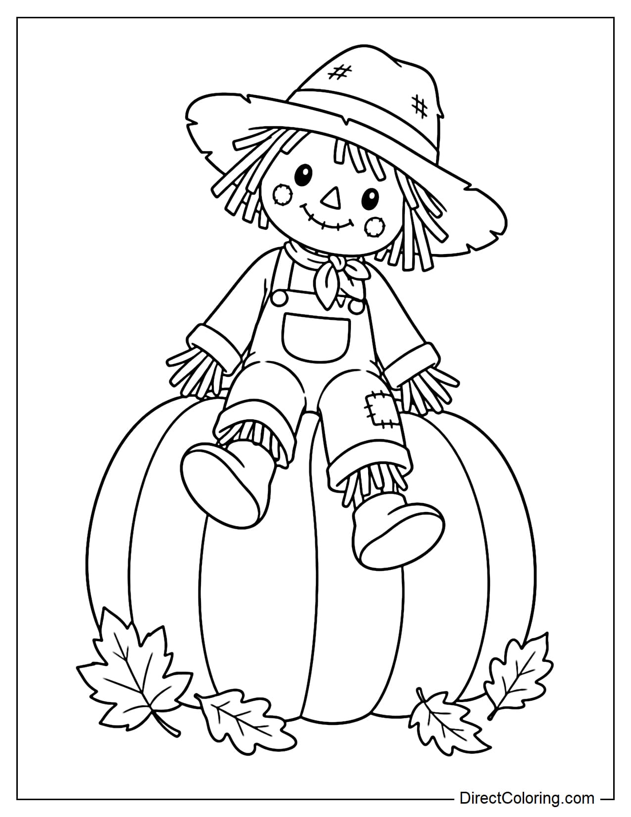 A cute scarecrow sits on a giant pumpkin with its legs dangling, wearing a large straw hat and simple overalls.