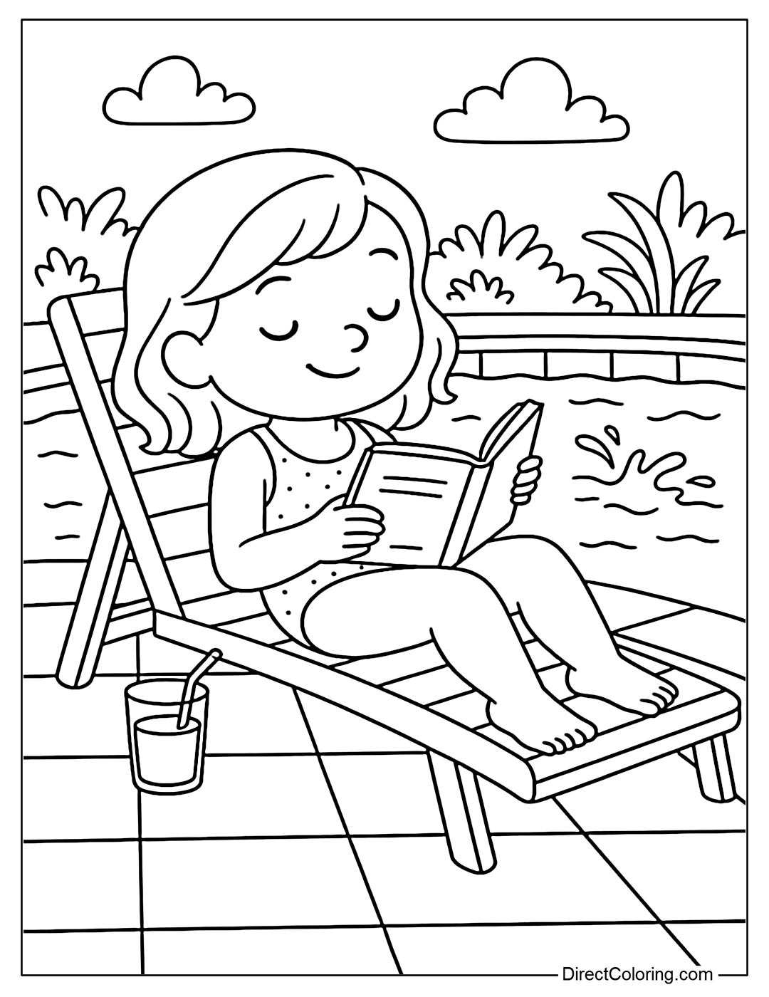 Coloring page of a girl reading a book on a lounger by the pool, with a glass of water next to her.