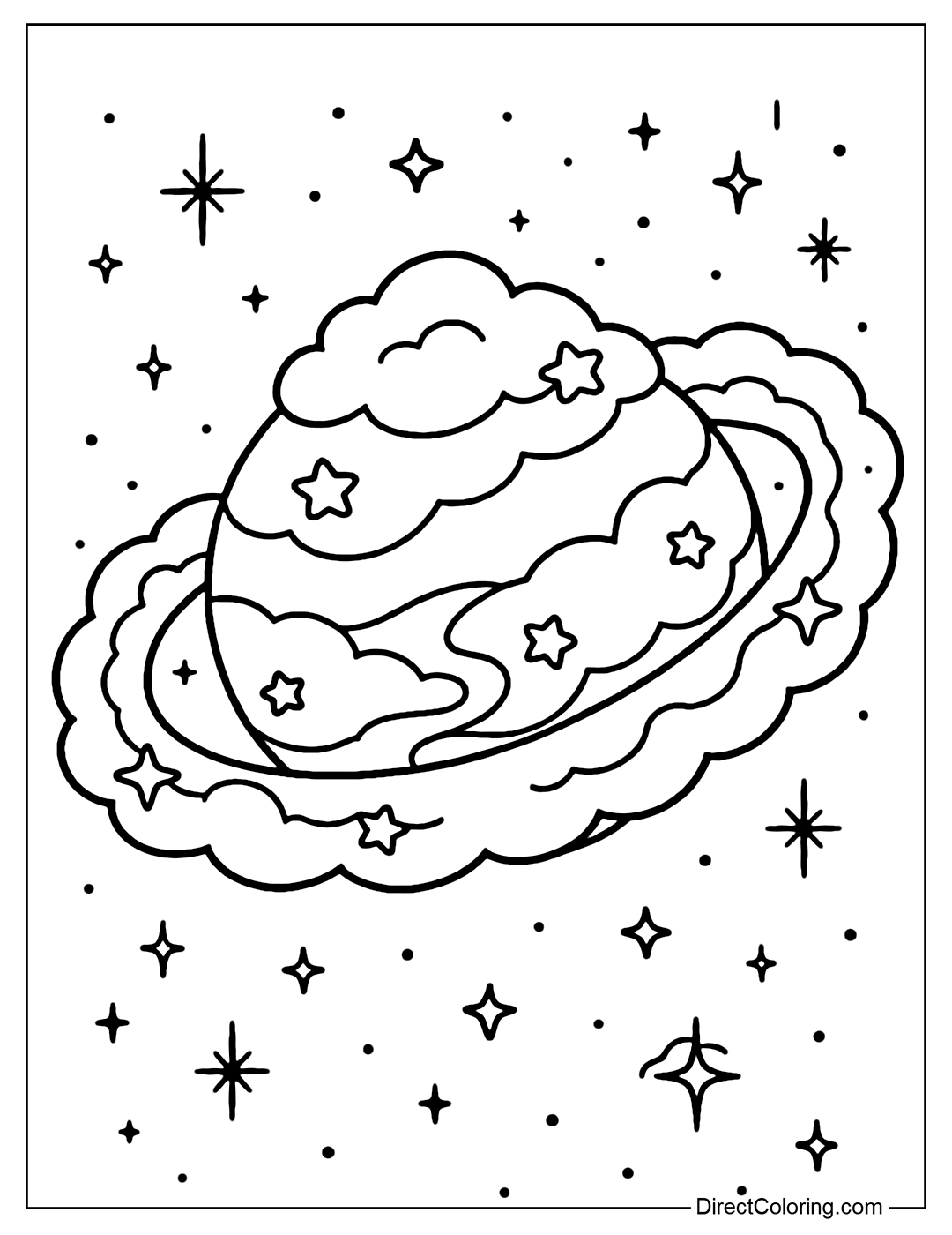 A pink and white cotton candy cloud planet coloring page, the surface has a soft valley like a cotton pillow and blooming candy stars. A cotton candy cloud swirl belt, attached with candy stars.