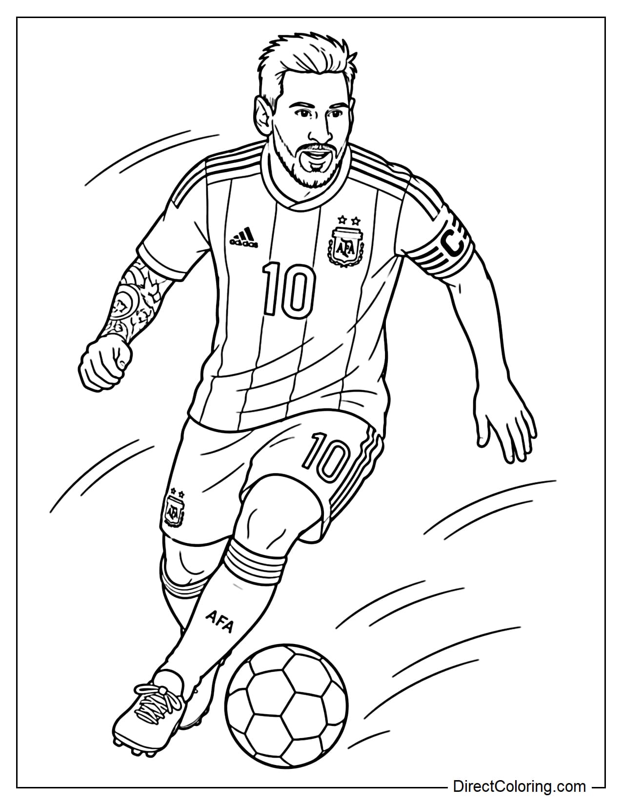 Lionel Messi is running fast with the ball, with a few curved lines of movement around him showing his speed.