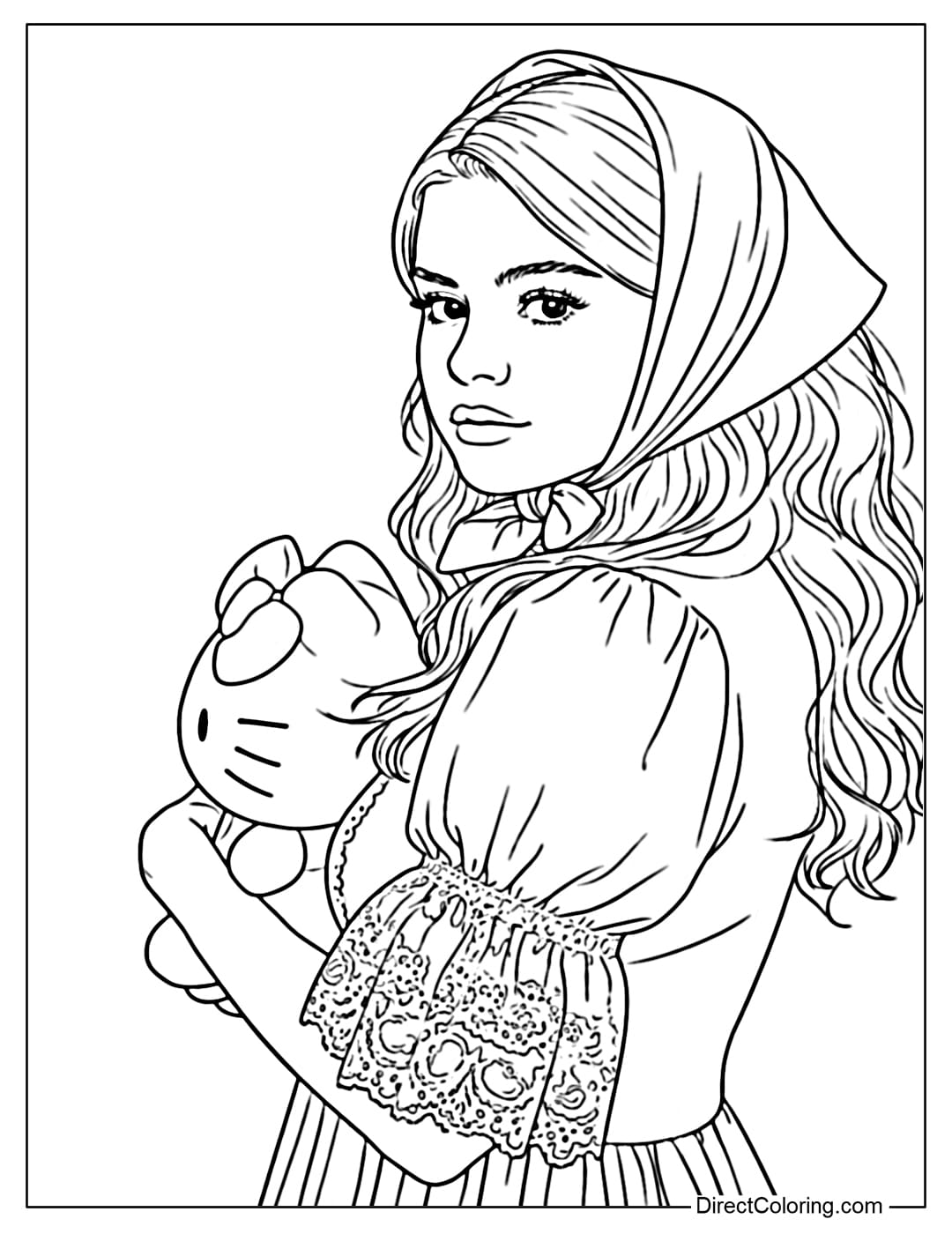 A coloring page of Selena Gomez gently hugging a Hello Kitty teddy bear, wearing a vintage-style dress and a soft headscarf.