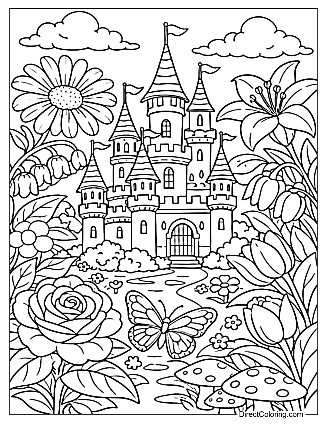 Coloring page of a fantastic castle with many tall towers nestled in a fantasy garden filled with large flowers, exotic trees, and a fairytale sky in the background.