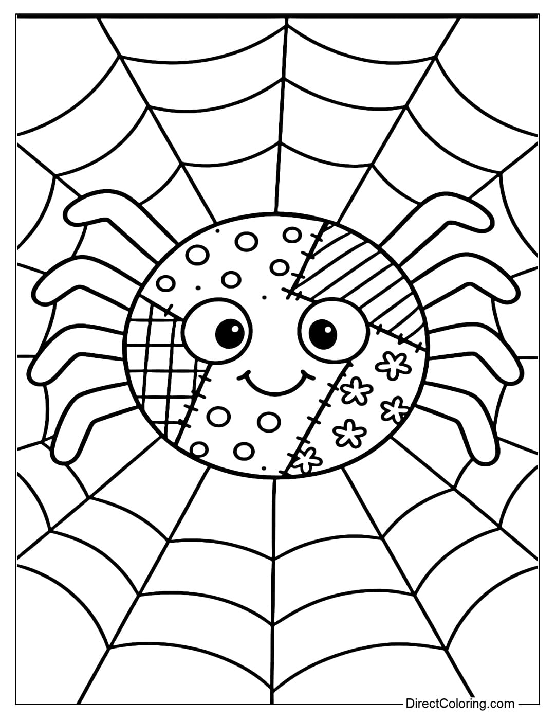 A cute spider coloring page, round body patchworked with many pieces, surrounded by a simple spider web.
