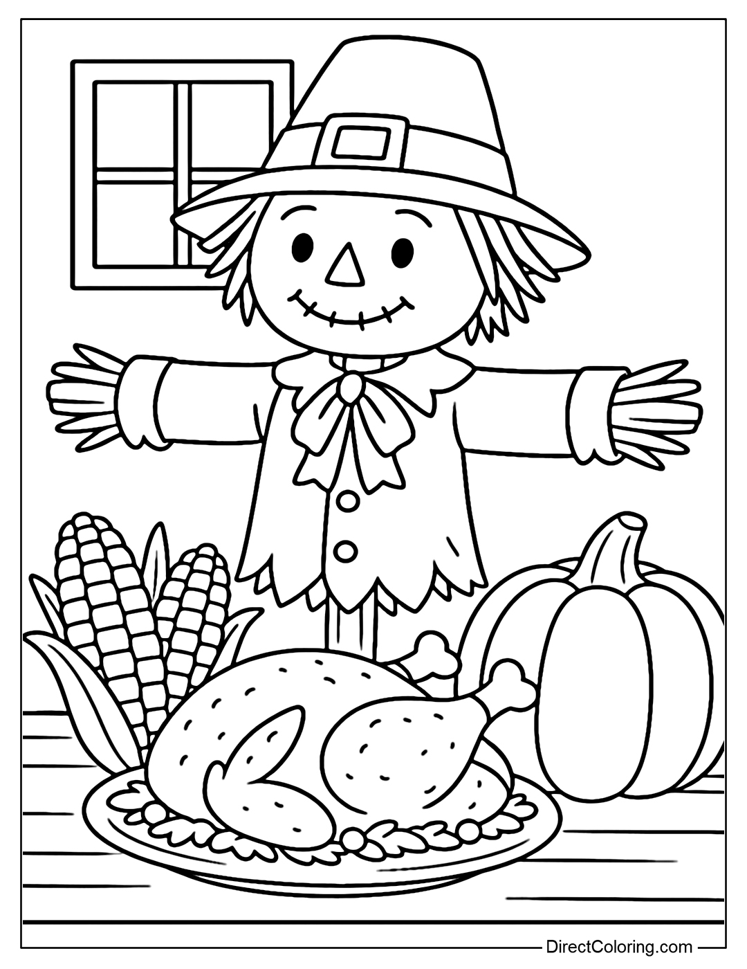 Scarecrow Coloring Page in a Thanksgiving table setting, with turkey, yellow corn and a large pumpkin.
