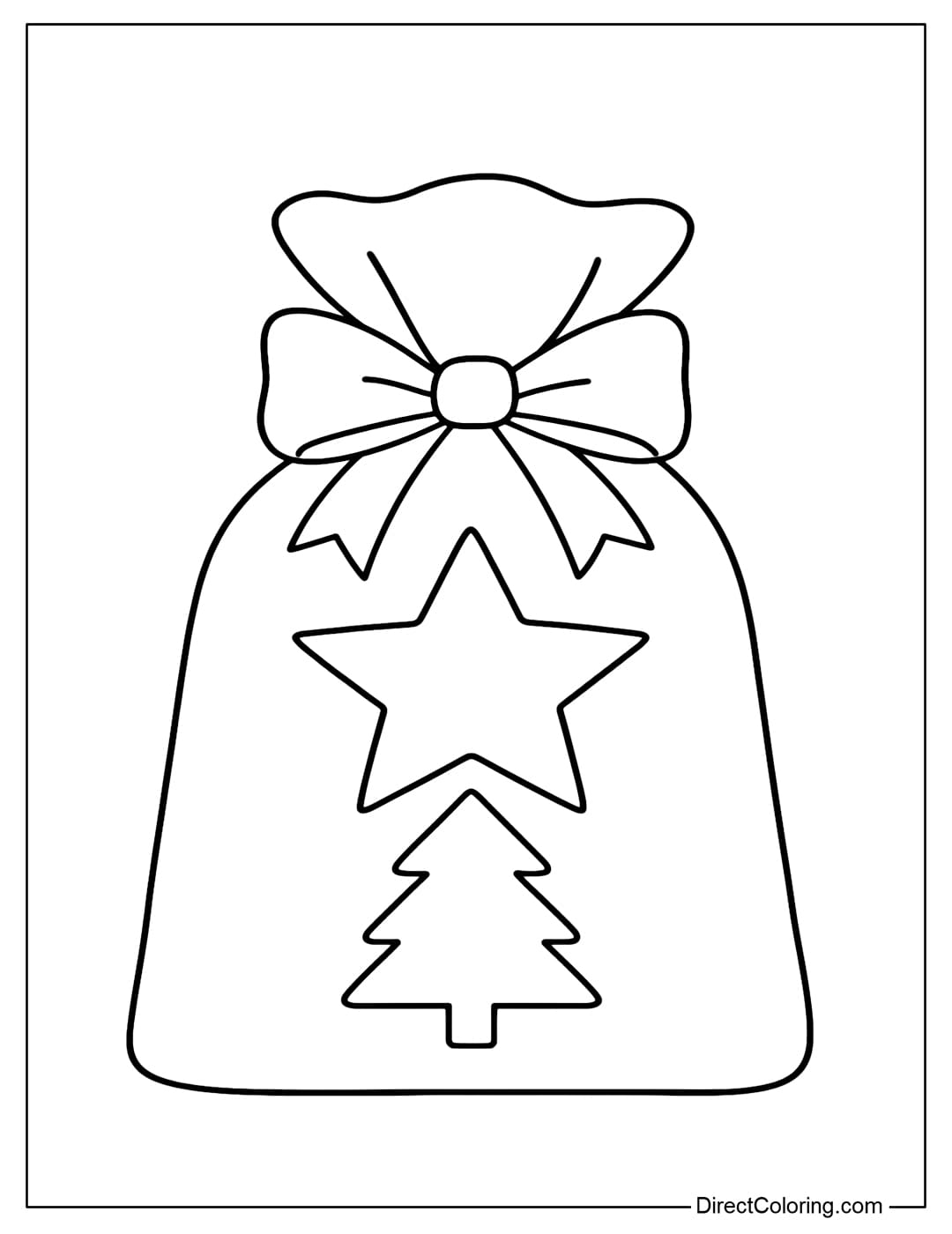 A Christmas gift bag coloring page with a star and a large pine tree on the front. The bag is tied with a large bow.