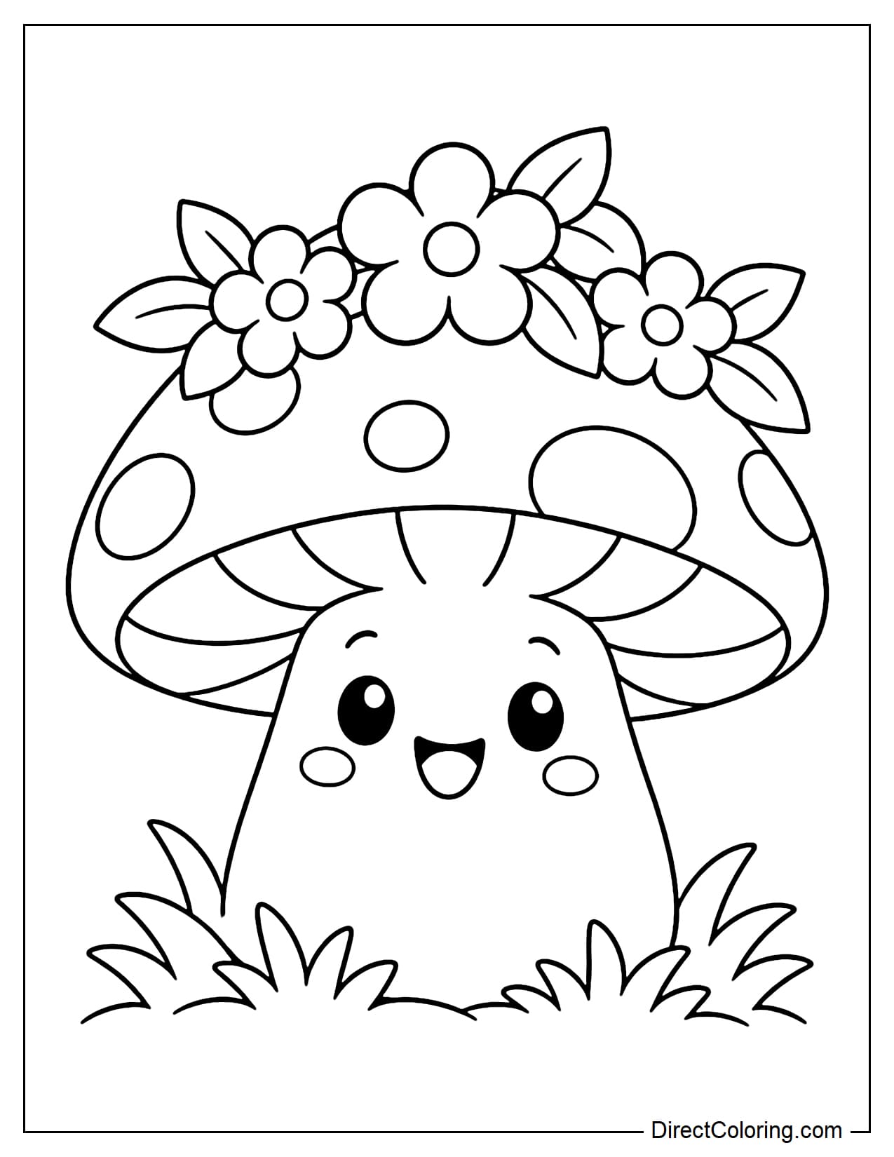 A large cute mushroom wearing a simple flower crown on its cap, with a cheerful face and round eyes, surrounded by small clusters of grass at the base.