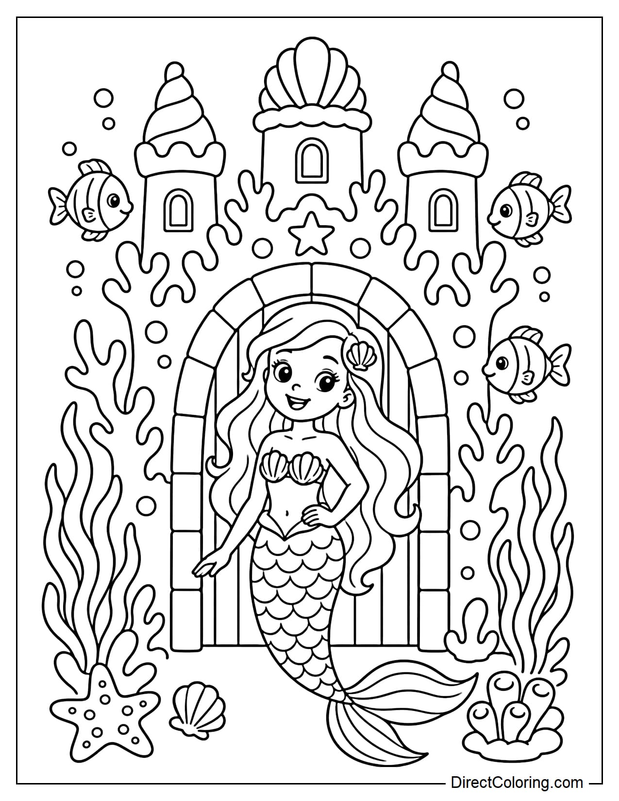 A mermaid stands before the coral castle gate, behind her a large archway, several towers, seaweed, and small fish.