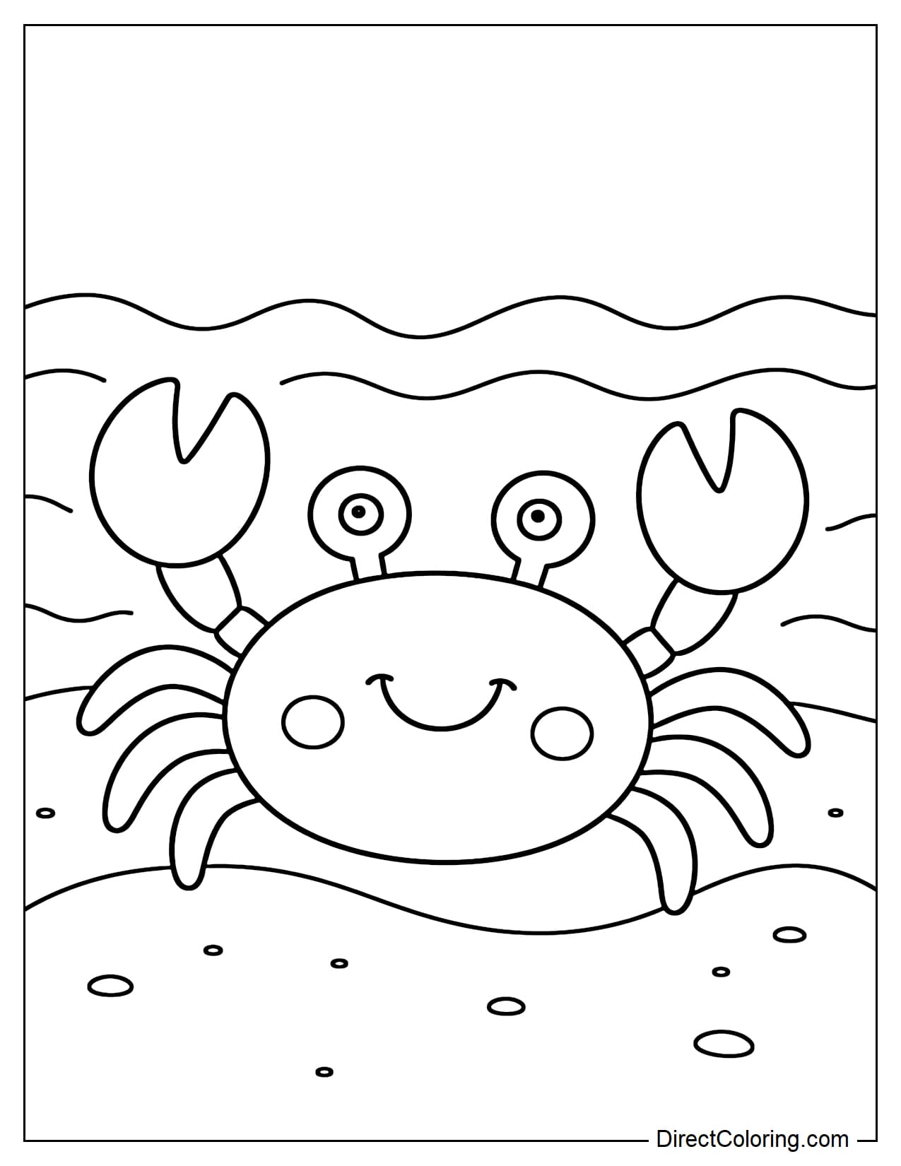 A simple crab walking on the sand with a round shape and large curved legs, with ocean waves behind it.