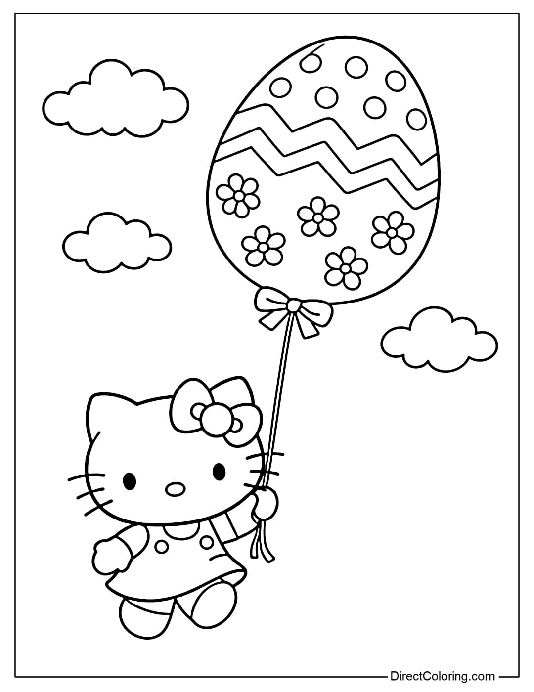 Hello Kitty is holding a string attached to an Easter egg that floats like a balloon, with some clouds above.