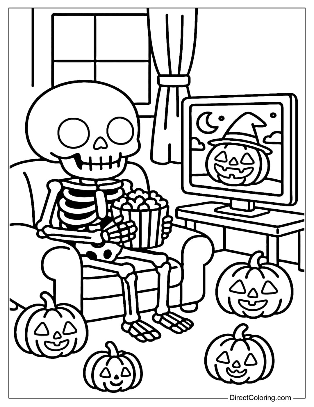 Coloring page of a skeleton sitting on the sofa in the living room, watching a Halloween movie on TV, holding popcorn, surrounded by a few small pumpkins for decoration.