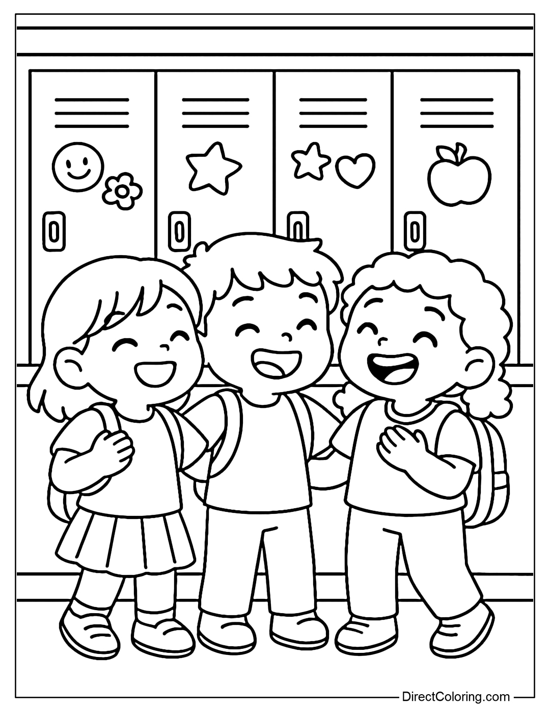 Hallway coloring page with decorated lockers and laughing friends.