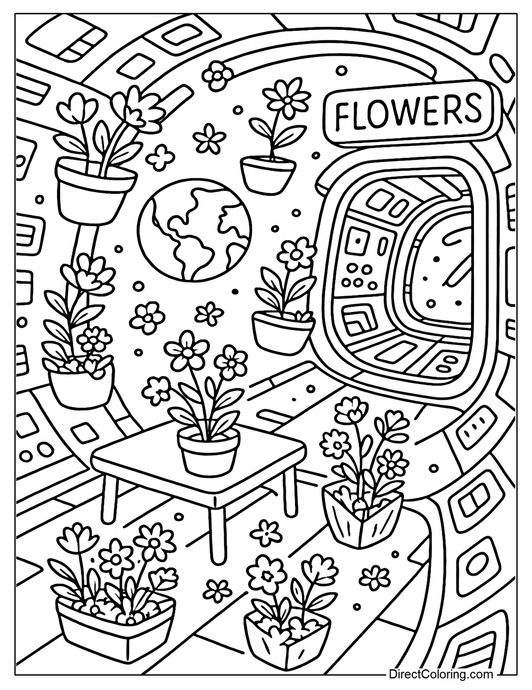 Zero-Gravity flower shop coloring page on space station, floating flower pots, window looking at Earth