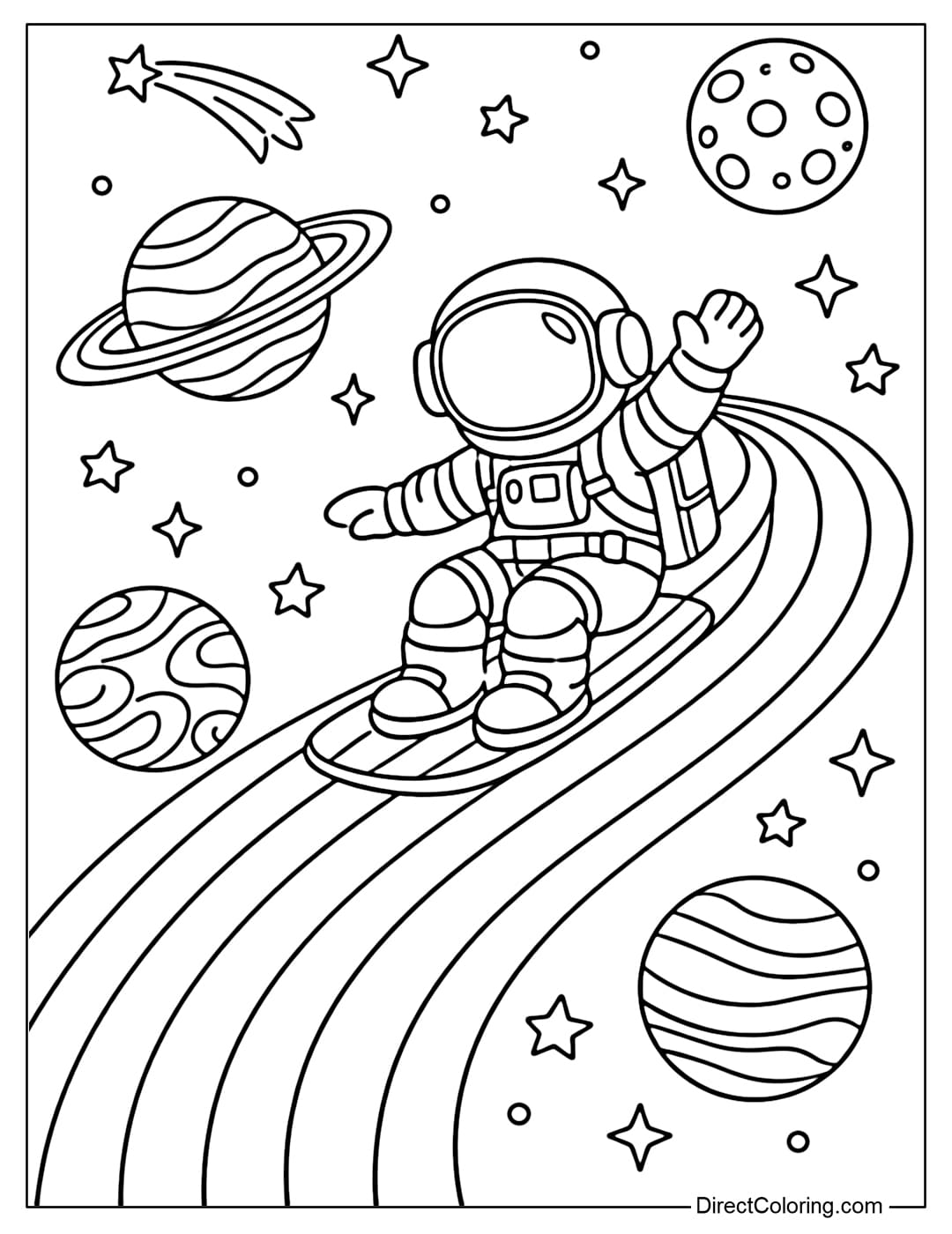 A coloring page of an astronaut gliding on a rainbow, surrounded by planets and stars.