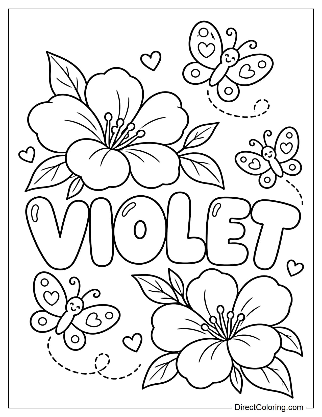 The name VIOLET appears in large bubble letters, surrounded by two large softly blooming flowers and three small butterflies fluttering around the name.