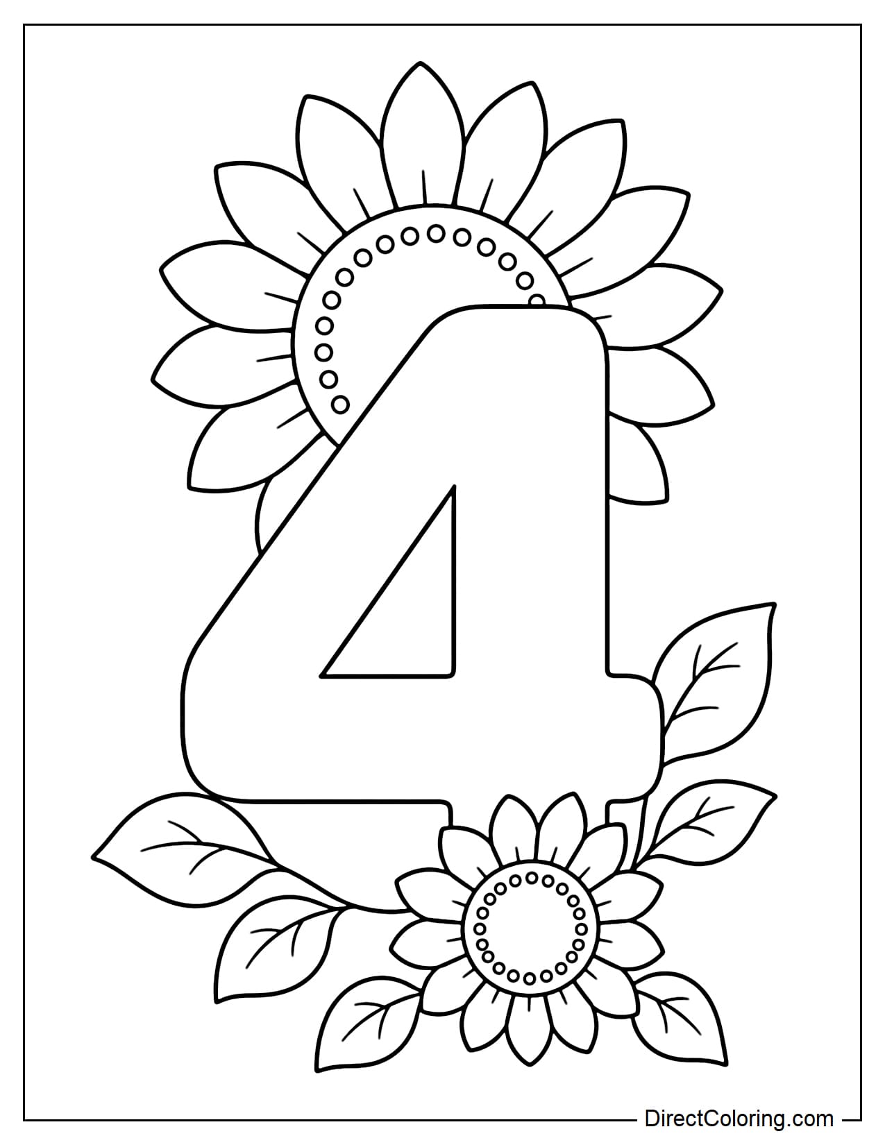 A large, simple number 4, with a sunflower peeking out from behind the top of the number, and a small, slightly off-center sunflower in front of the number's base, interspersed with a few simple leaves.