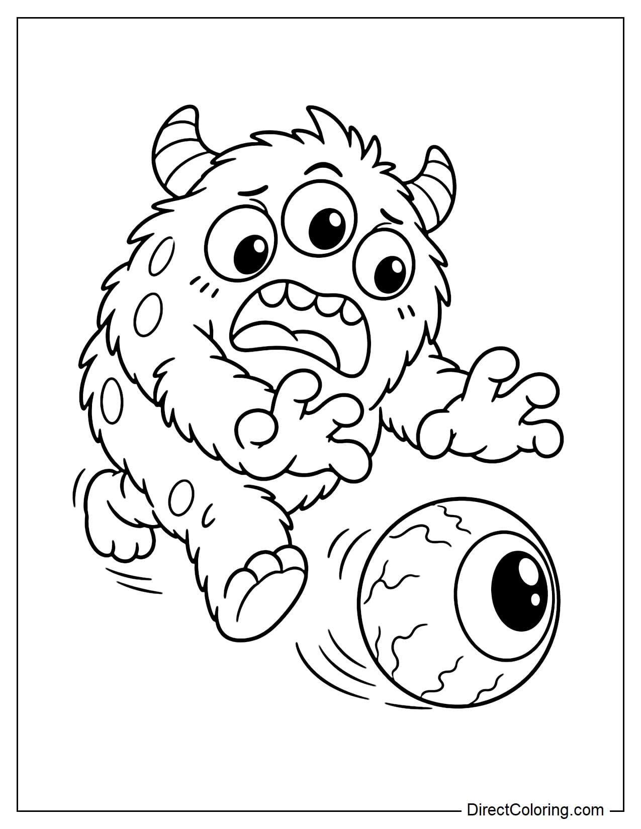 A three-eyed monster runs after a large eyeball that has fallen out and is rolling along the ground, reaching both hands forward to catch it.