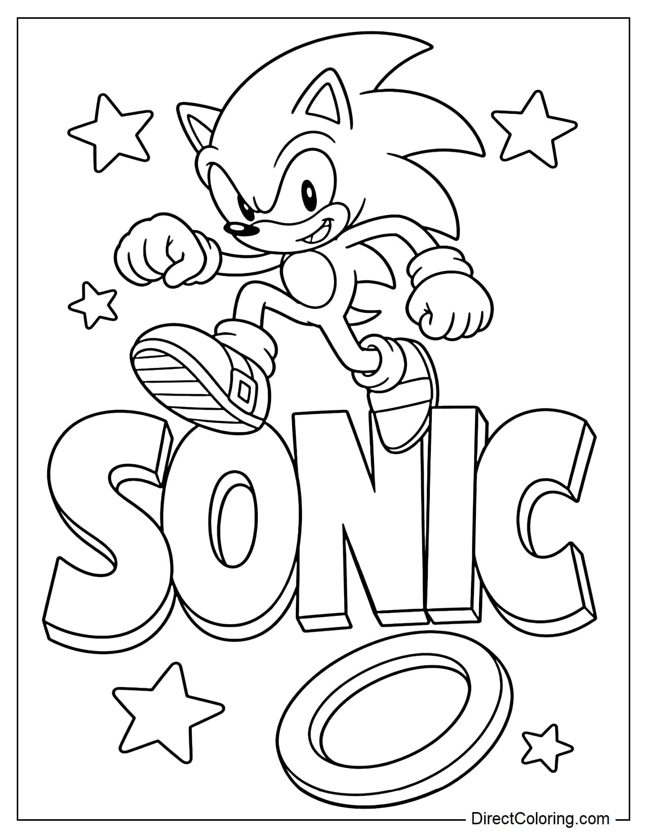Sonic is in a jumping pose above the giant 3D word 
